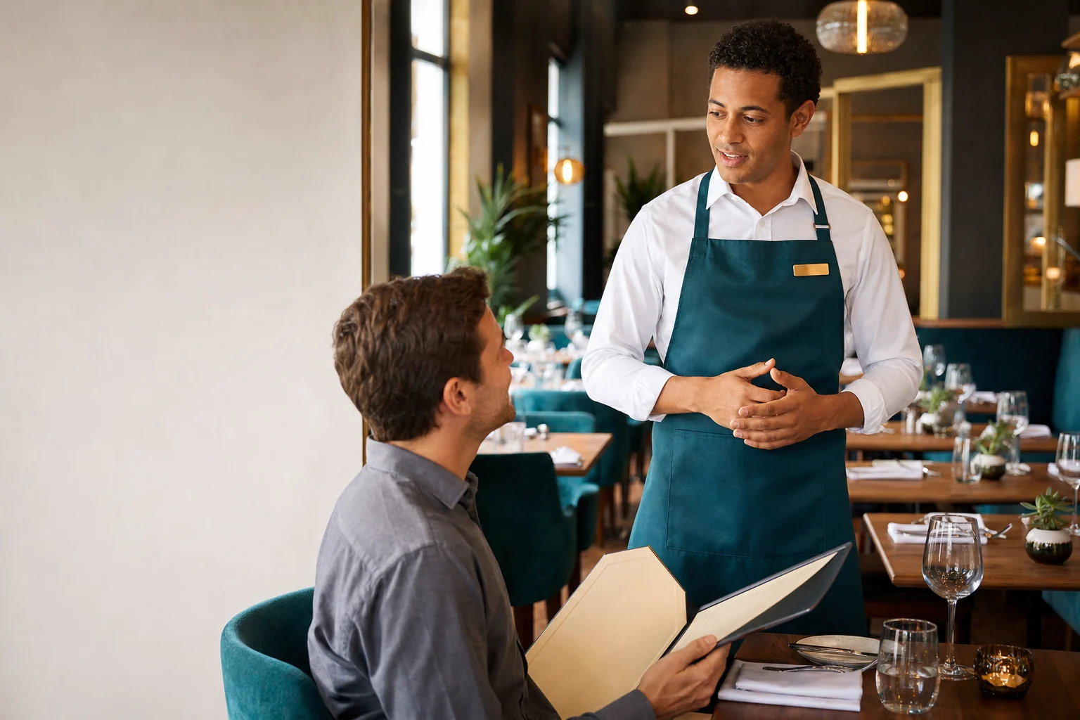 Ethan Cole serving an adult customer at Cedar and Stone restaurant