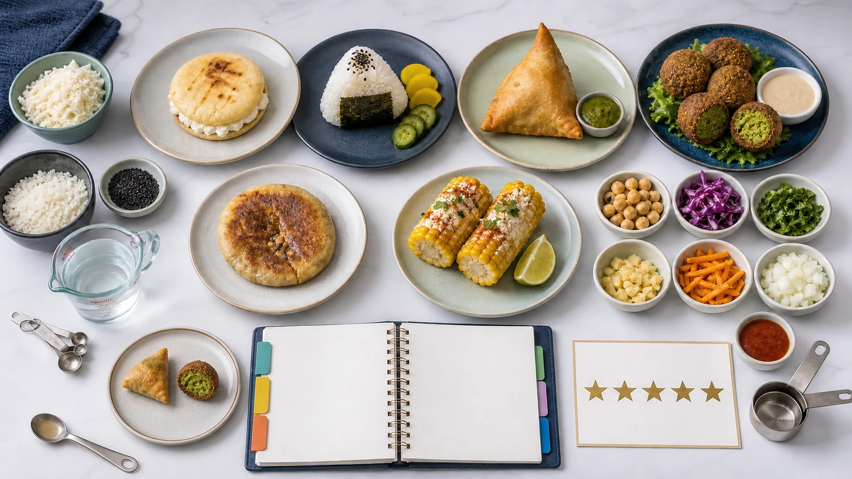 Professional evidence board with global snacks, ingredient bowls, measuring tools, a review notebook, and a five-star rating card