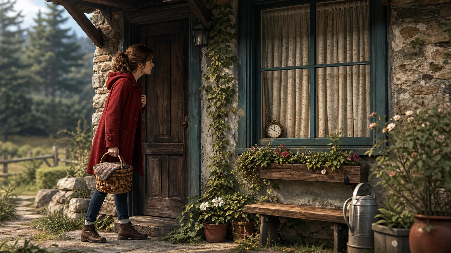 Little Red Riding Hood arriving at Grandmother's cottage and noticing closed curtains and a clock
