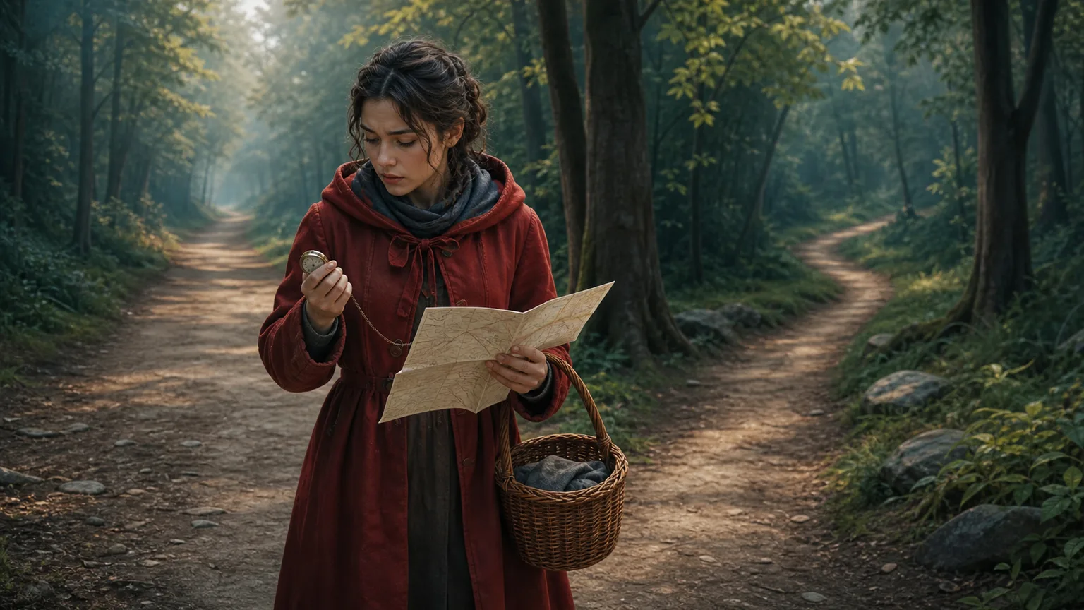 Little Red Riding Hood checking a map and watch near two forest paths
