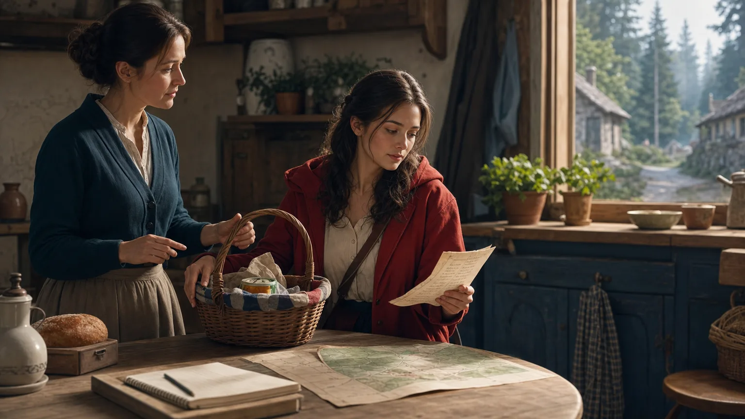 Little Red Riding Hood and her mother planning a forest visit with a basket and map