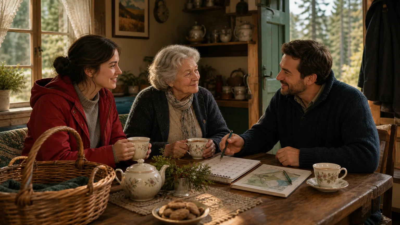 Little Red Riding Hood, Grandmother, and a helpful neighbor reviewing a plan at a cottage table