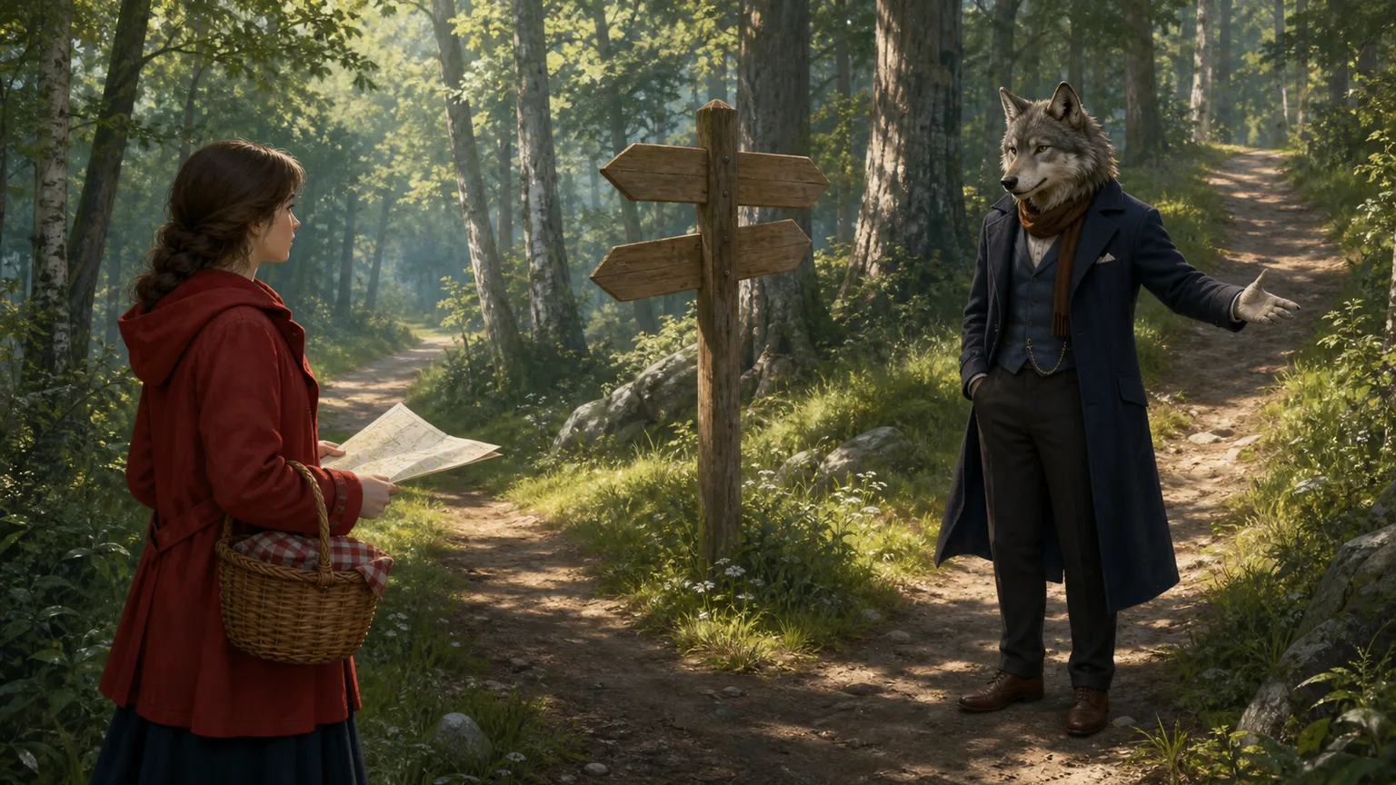 Little Red Riding Hood listening cautiously to a wolf-like stranger at a forest crossing