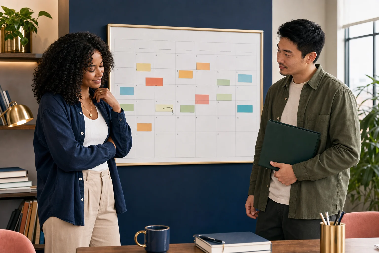 Olivia and Marcus reviewing a balanced final calendar