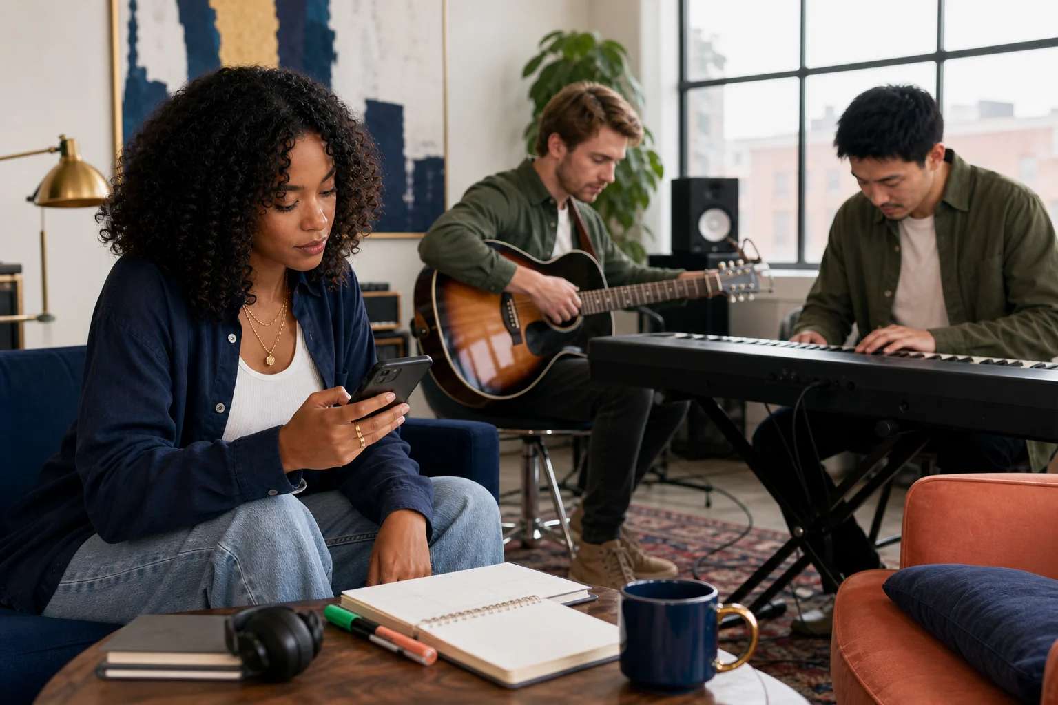 Olivia checking her schedule during a confirmed rehearsal with musicians