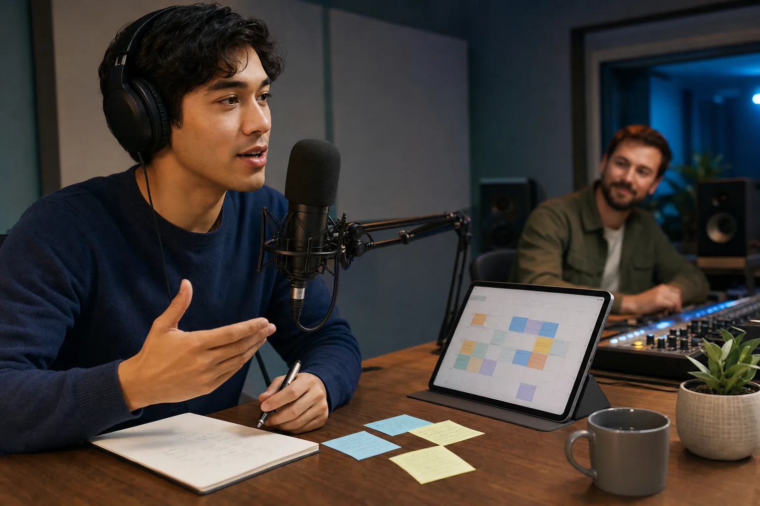 English learner practicing future plans pronunciation with a microphone and calendar notes in a studio