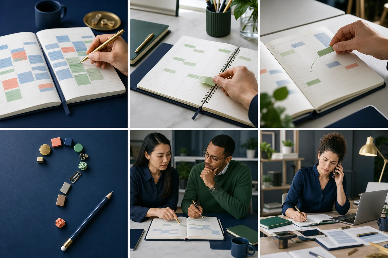 Six professional scenes representing scheduling expressions and workload