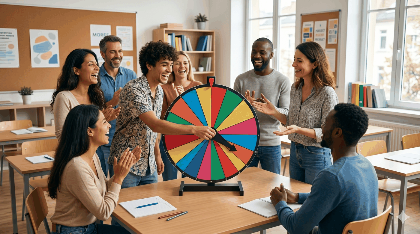 Étudiants jouant à la roulette des présentations
