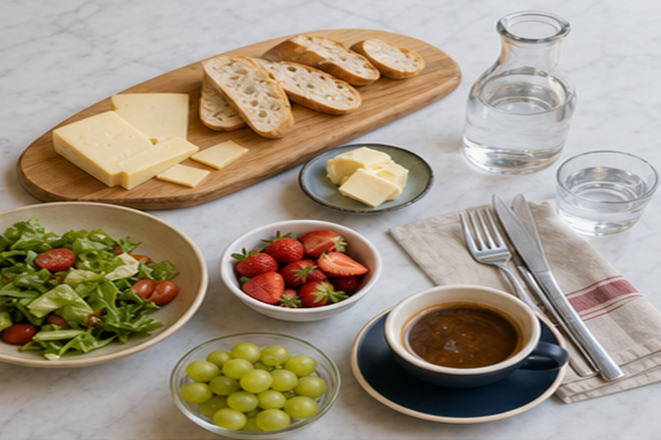 Pain, fromage, salade, fruits, café et eau