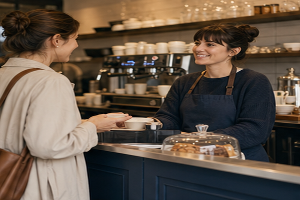 Cliente qui commande poliment au comptoir