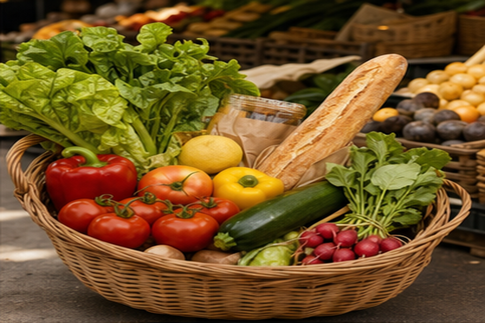 Panier de marché avec fruits et légumes