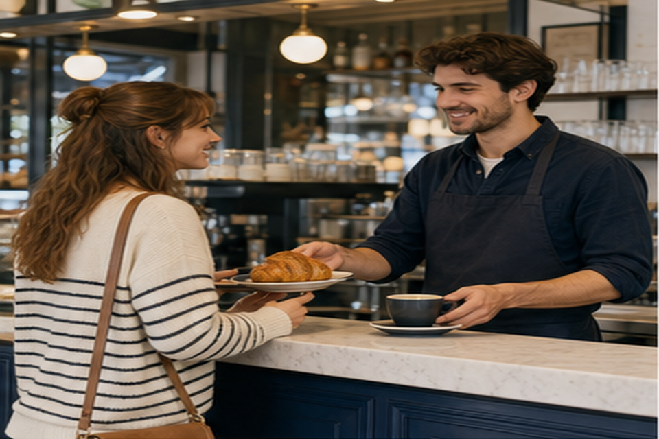 Cliente qui commande un café et un croissant