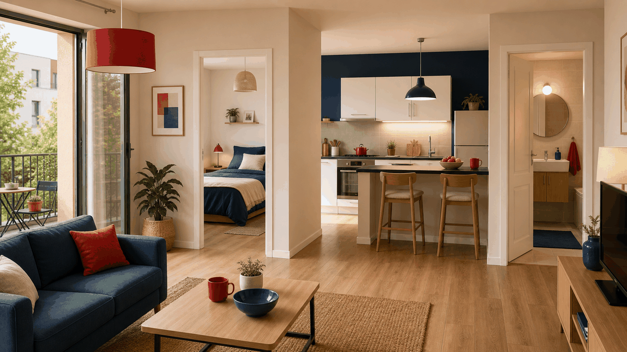Appartement lumineux avec plusieurs pièces visibles