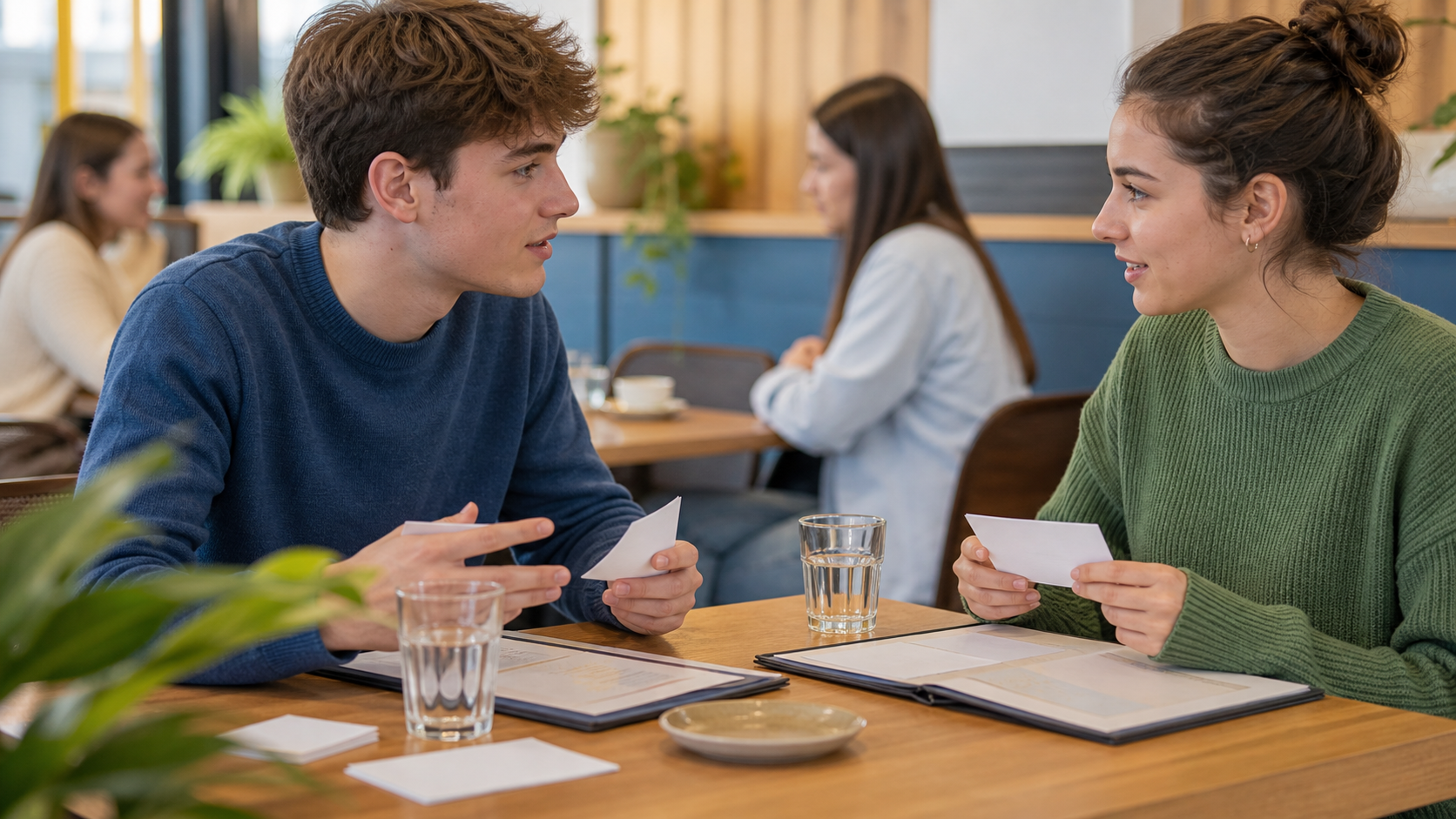 Étudiants pratiquant une conversation au restaurant en français