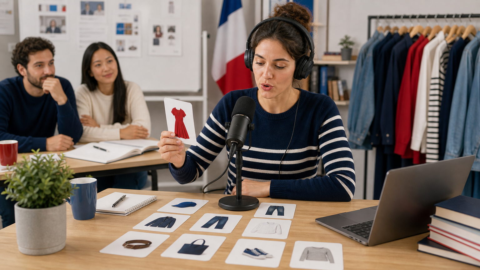 Étudiante pratiquant la prononciation de phrases de vêtements en français