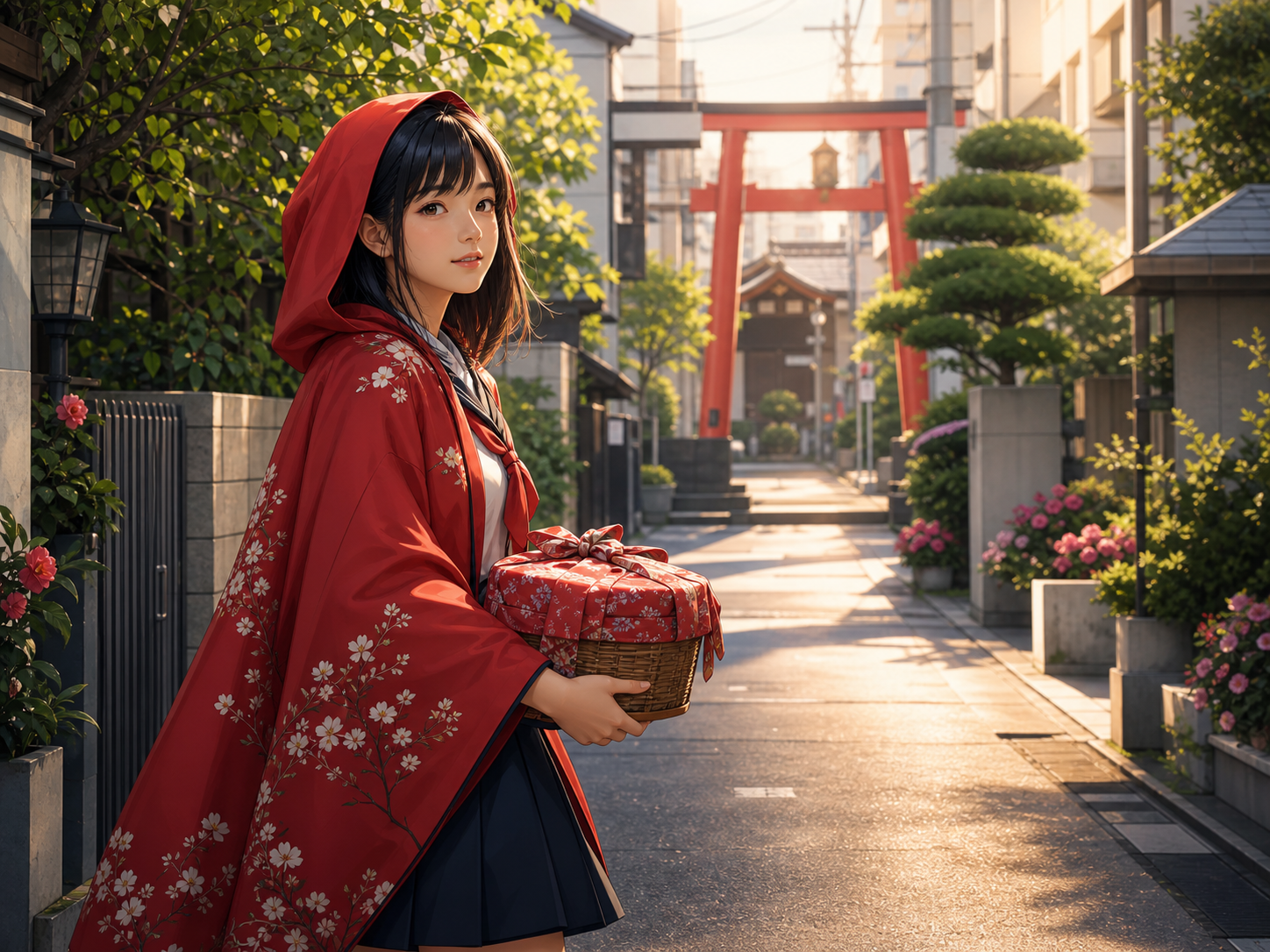 Akari traverse un quartier de Tokyo avec son panier