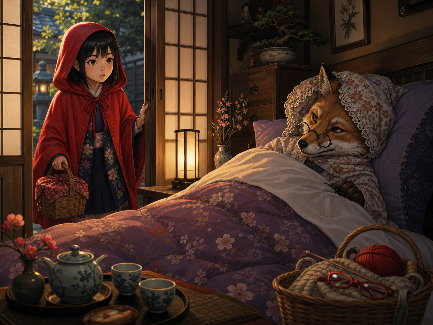 Le renard déguisé attend dans la chambre