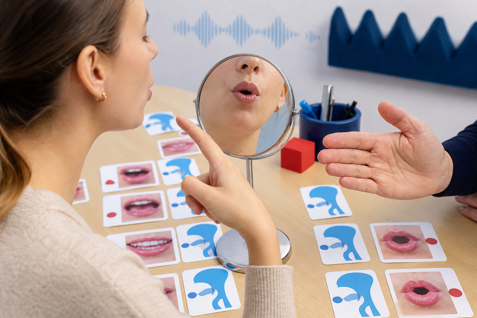 Apprenant observant l’arrondissement des lèvres pour pratiquer la phonétique française