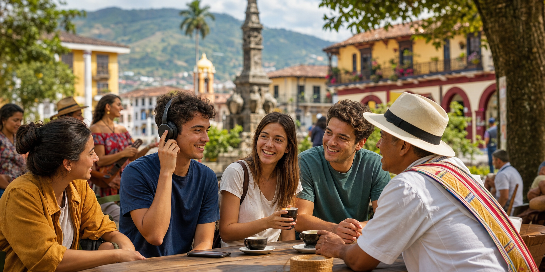 Groupe discutant dans une place colombienne pendant une activité d’écoute