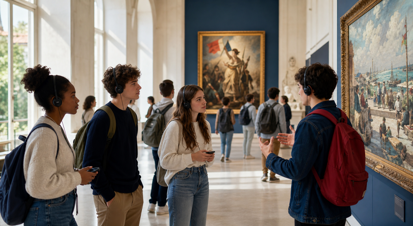 Étudiants écoutant une chronique culturelle dans un musée français