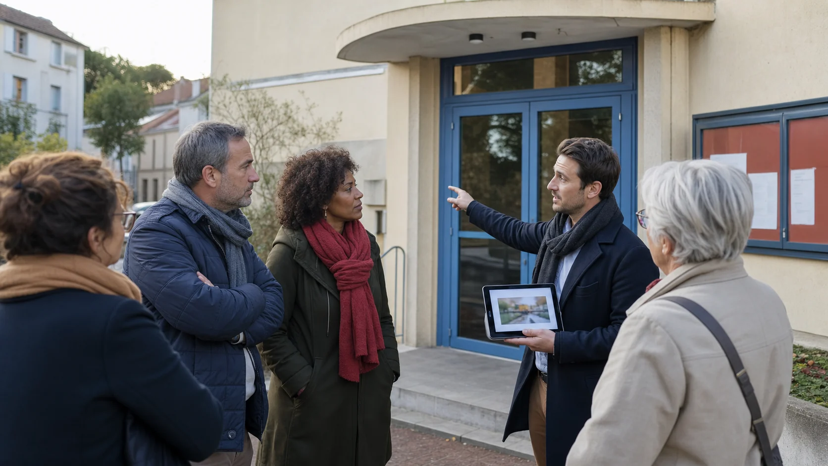 Habitants discutant devant un centre culturel fermé