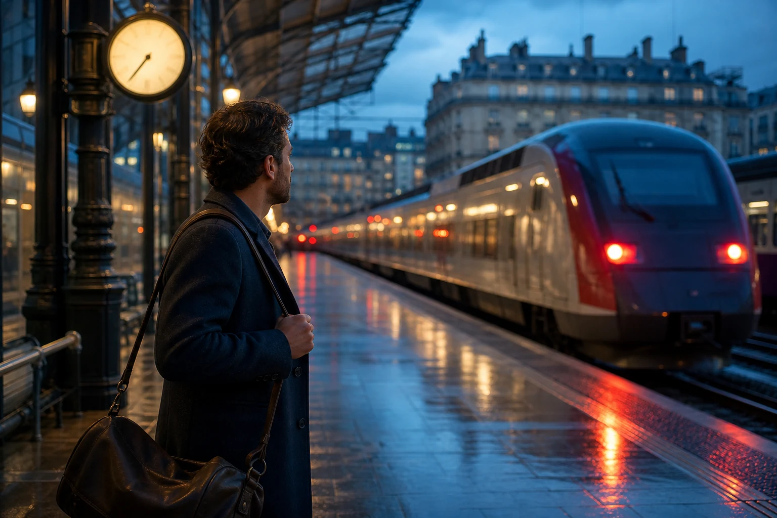 Voyageur observant un train manqué et imaginant un passé différent