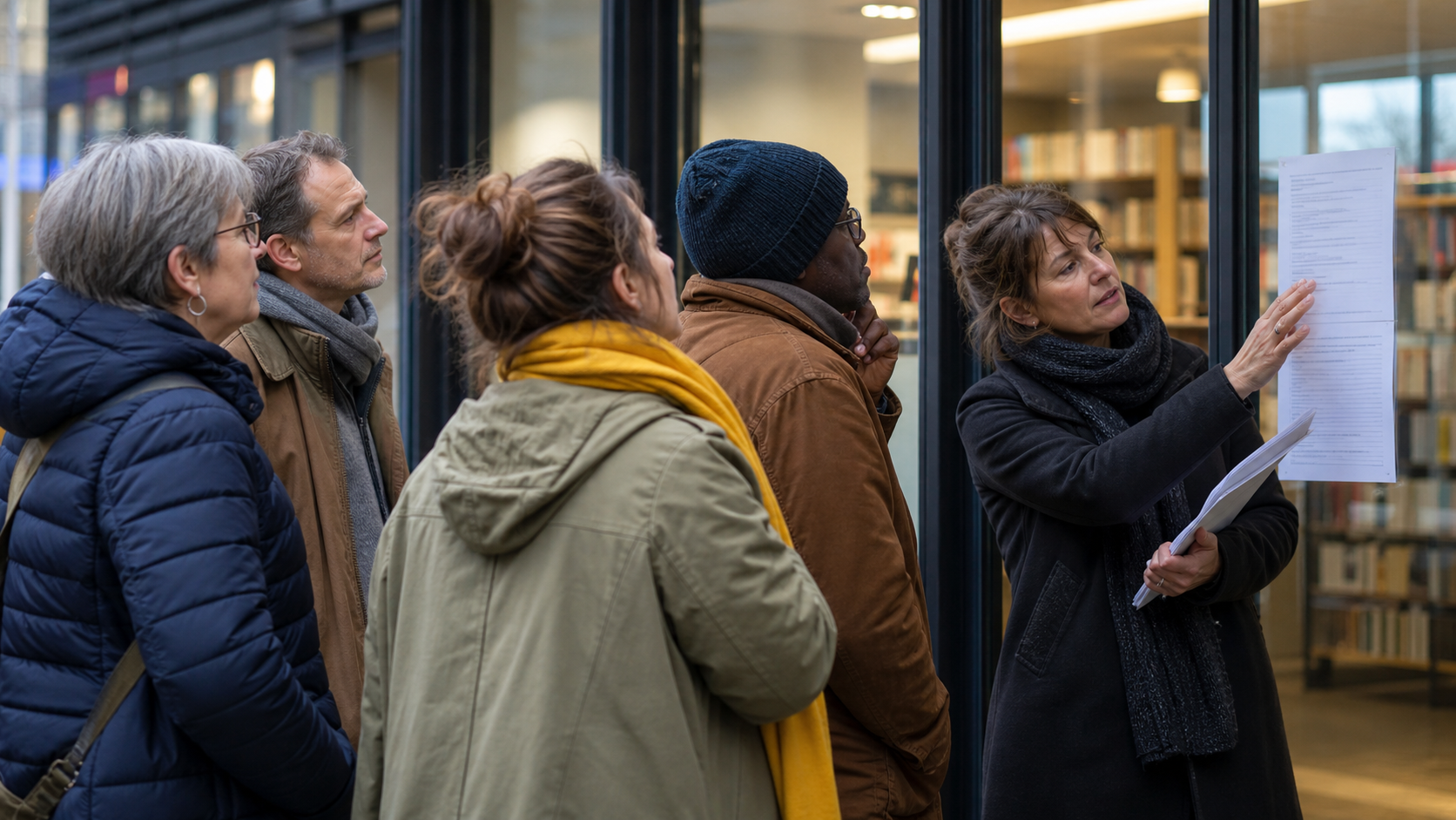Habitants lisant une annonce municipale après une fermeture publique