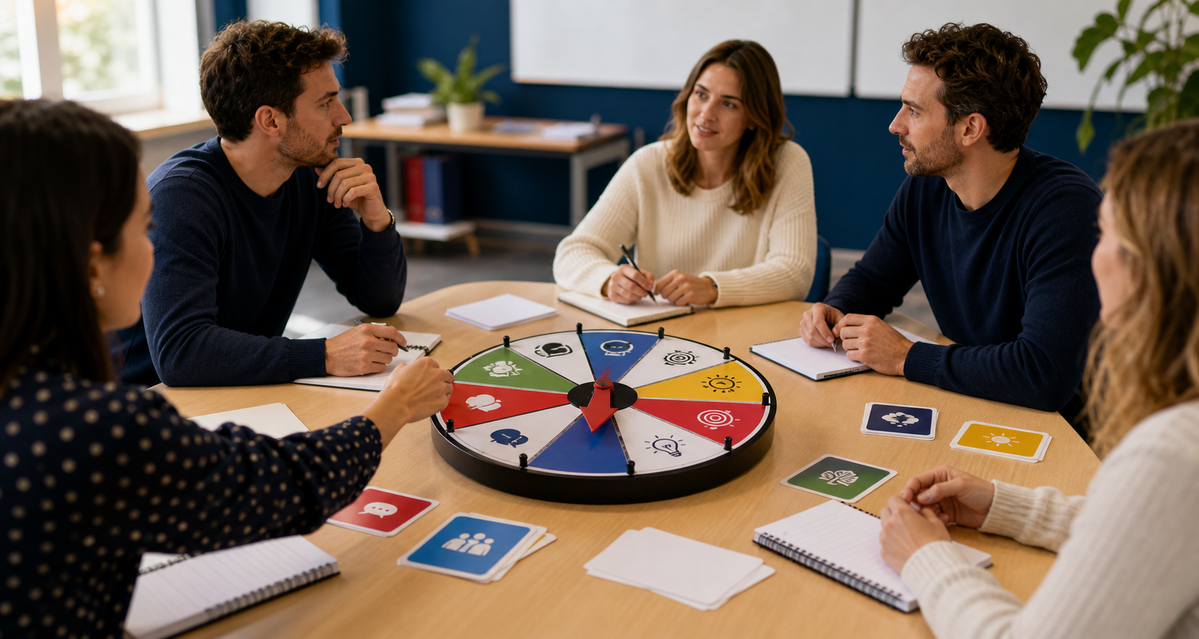 Table de conversation avec roulette orale et cartes de scénarios
