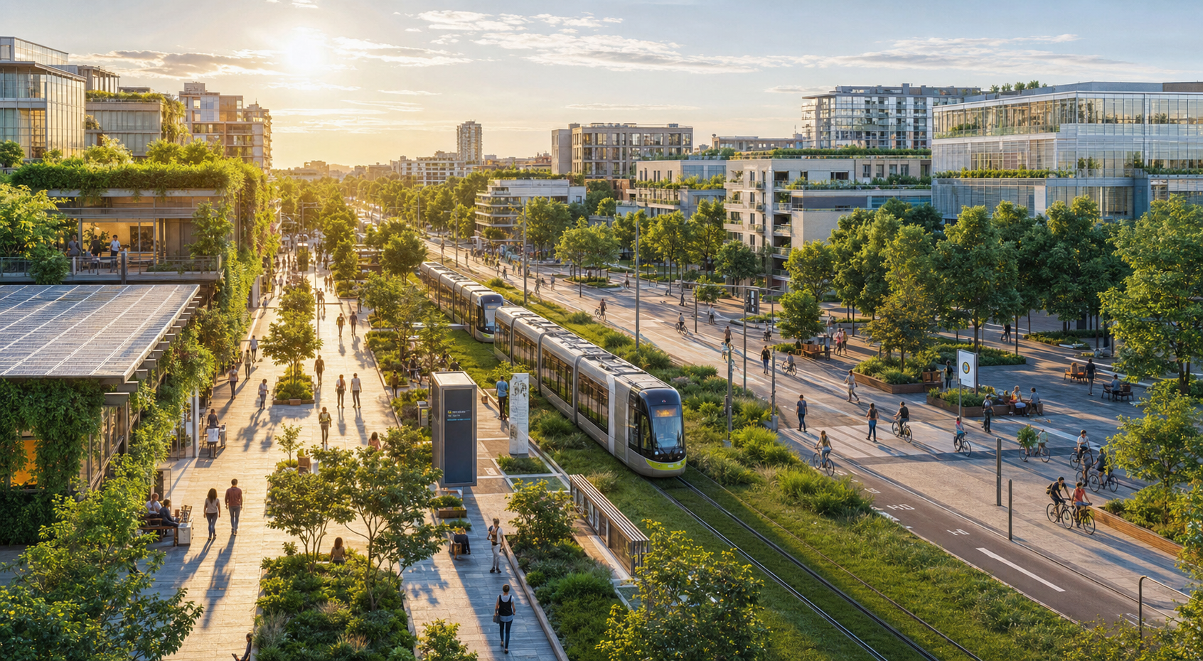 Ville intelligente durable avec tramway, pistes cyclables et quartiers verts
